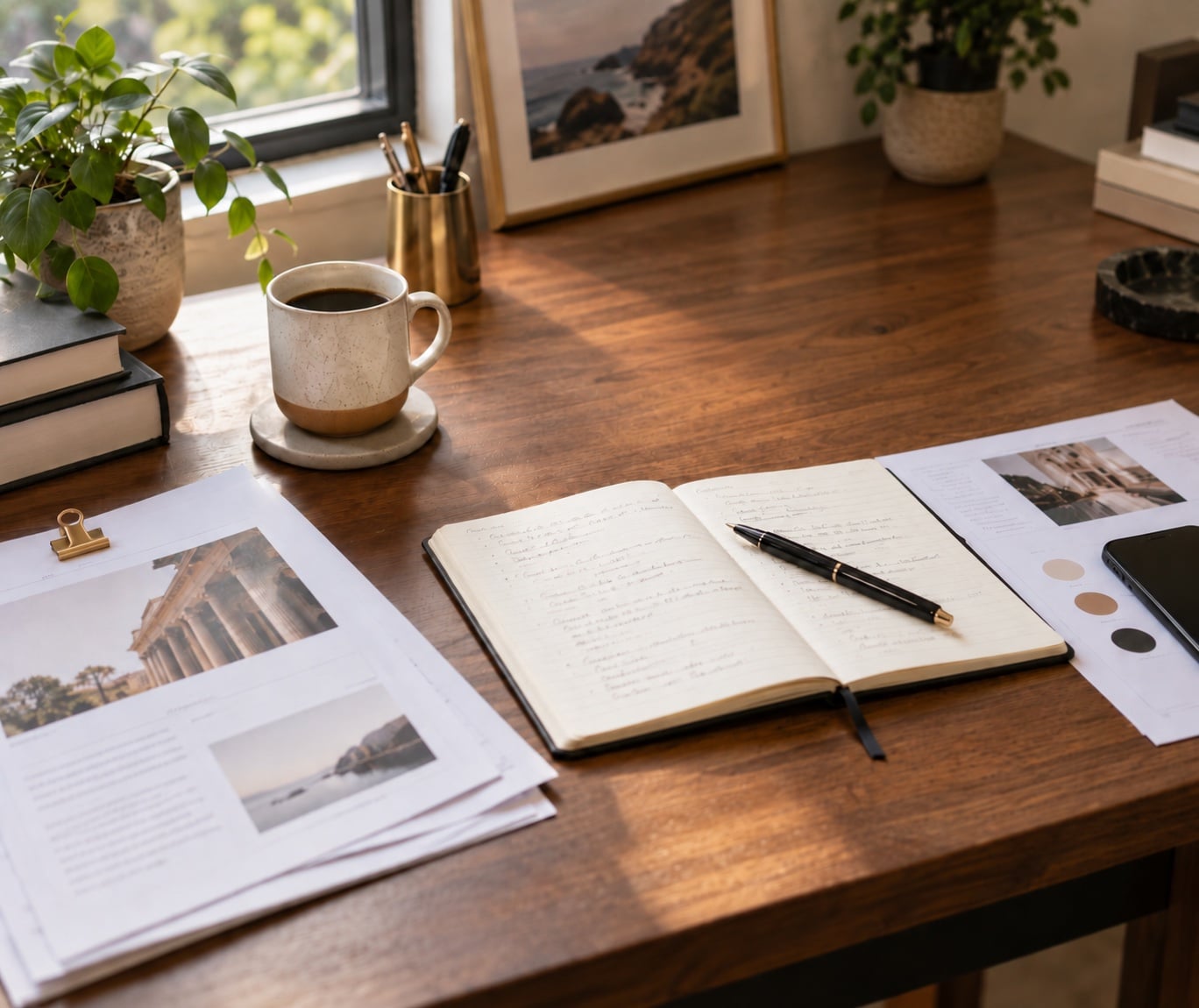 An editor's desk with a printed content calendar and a laptop showing a LinkedIn post draft